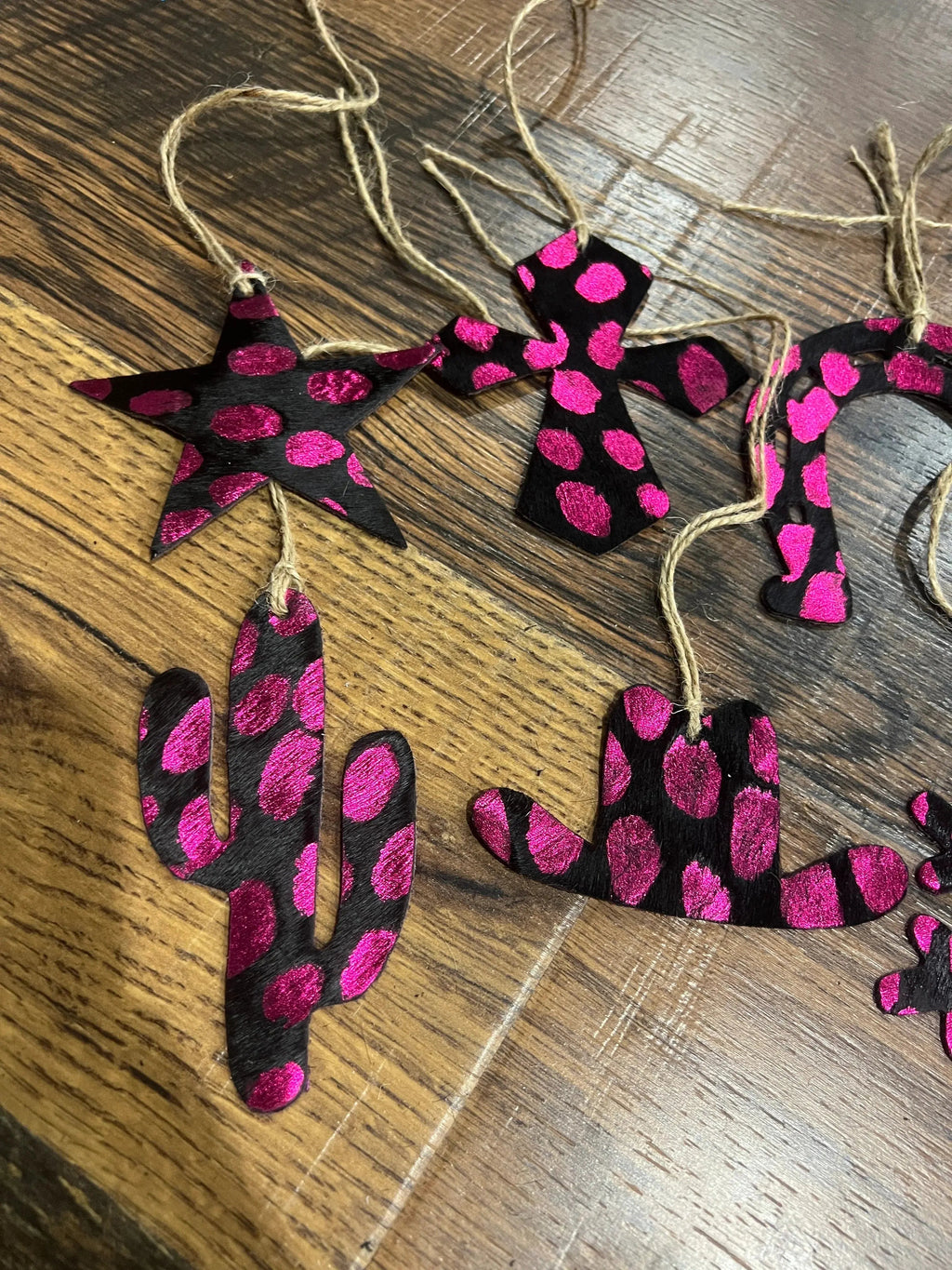 PINK SPOTTED Leather Cowhide Christmas Ornament - Sold Individually