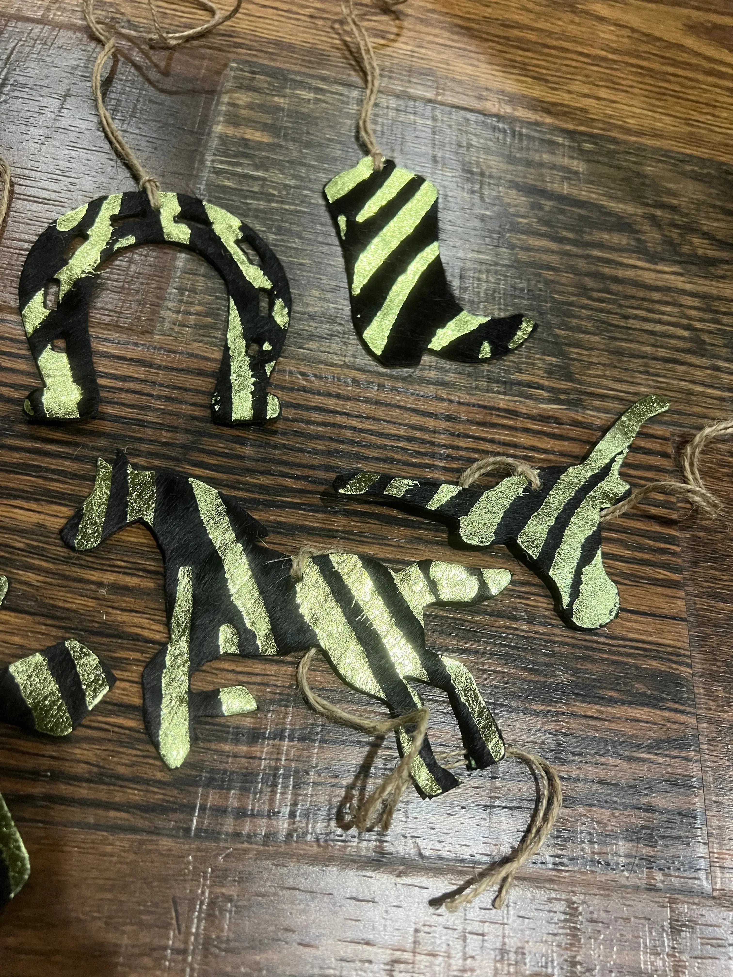 Green Zebra Leather Cowhide  Christmas Ornament - Sold Individually