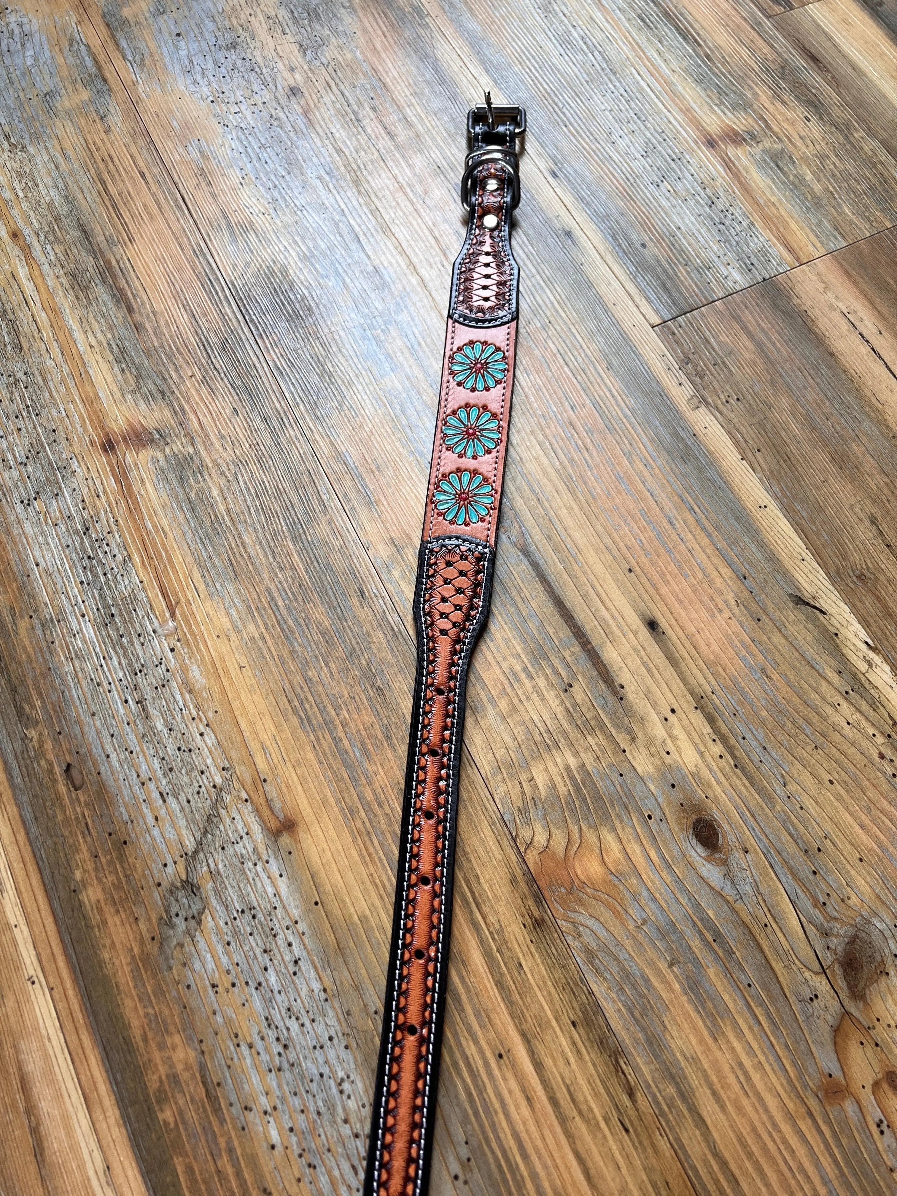 Leather Handpainted Tooled Squash Blossom Dog Collar