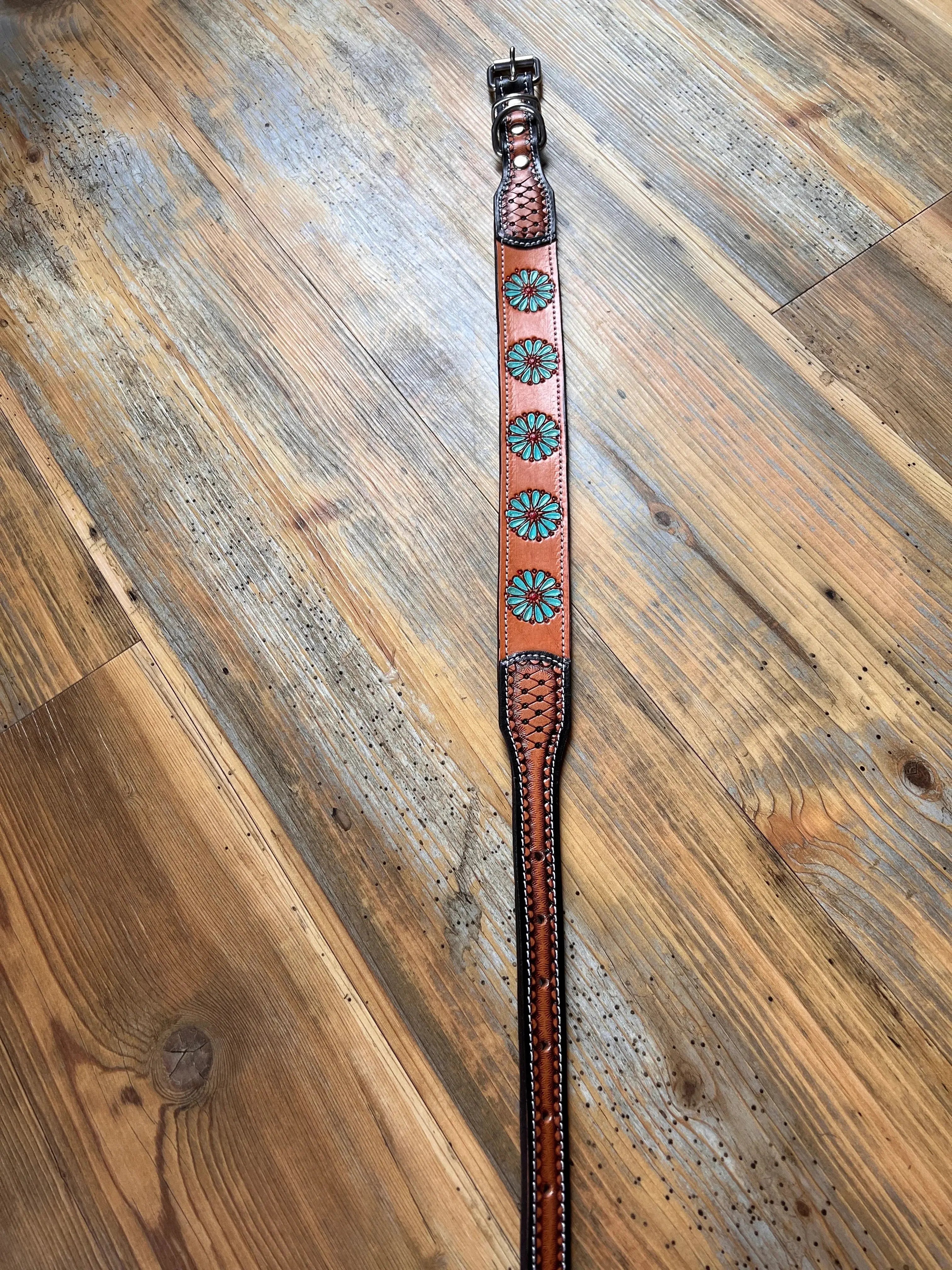 Leather Handpainted Tooled Squash Blossom Dog Collar