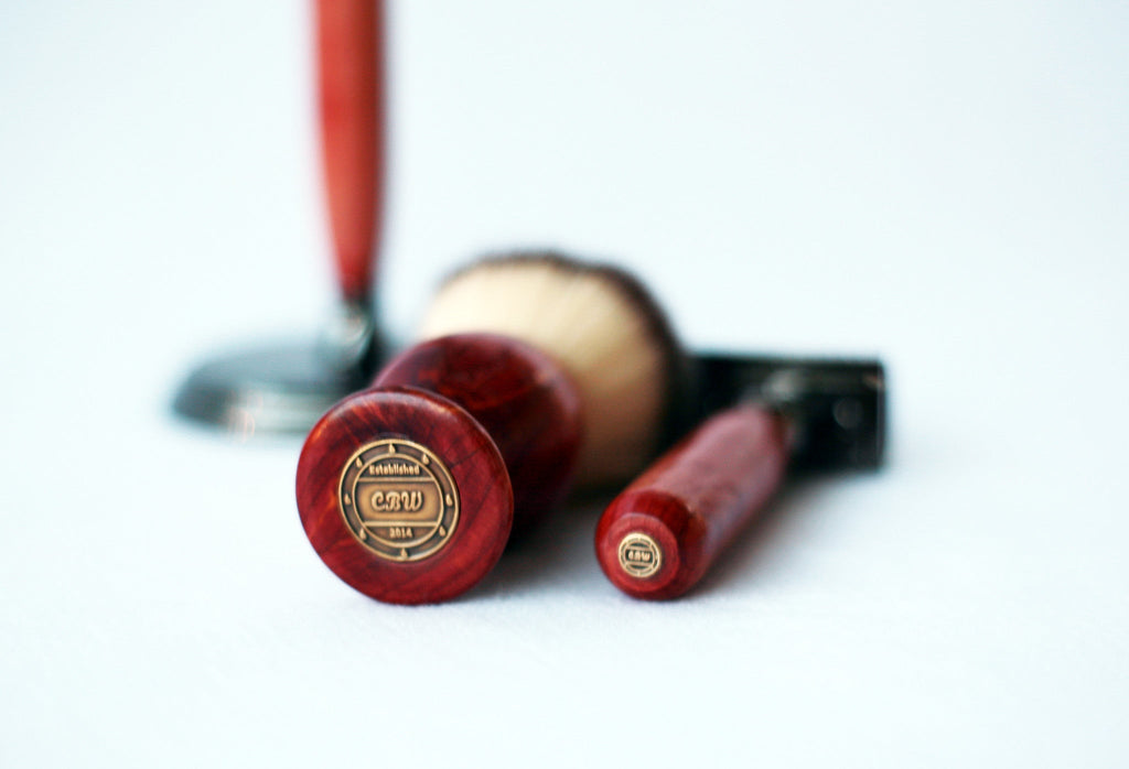 Aromatic Red Cedar Wood Hand Crafted Shave Set, safety razor, 26mm lather brush and a matching shave stand.