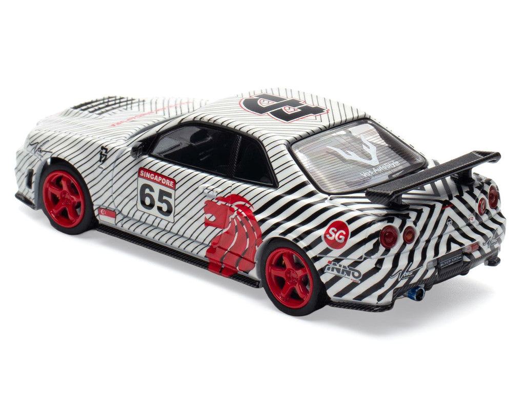 Nissan Skyline GT-R (R34) RHD (Right Hand Drive) #65 "Black Crow" White with Black Pinstripes "Singapore Diecast Expo 2025 Event Edition" 1/64 Diecast Model Car by Inno Models