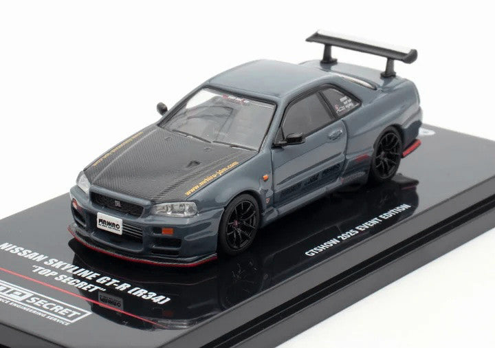 Nissan Skyline GT-R (R34) "Top Secret" RHD (Right Hand Drive) Stealth Gray with Carbon Hood "GTSHOW 2025 Event Edition" 1/64 Diecast Model Car by Inno Models