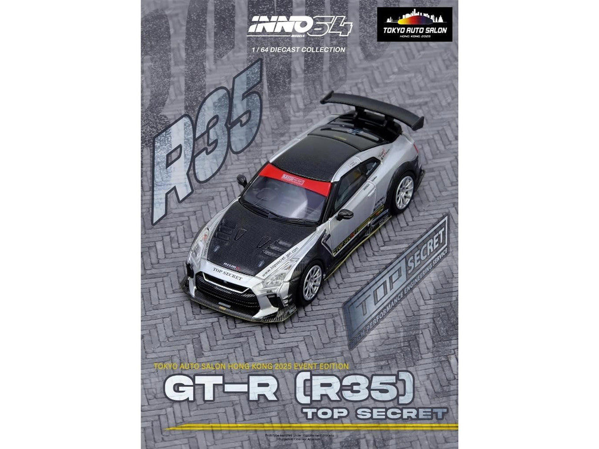 Nissan GT-R (R35) Top Secret RHD (Right Hand Drive) Silver Metallic with Carbon Hood and Top "Tokyo Auto Salon Hong Kong 2025 Event Edition" 1/64 Diecast Model Car by Inno Models