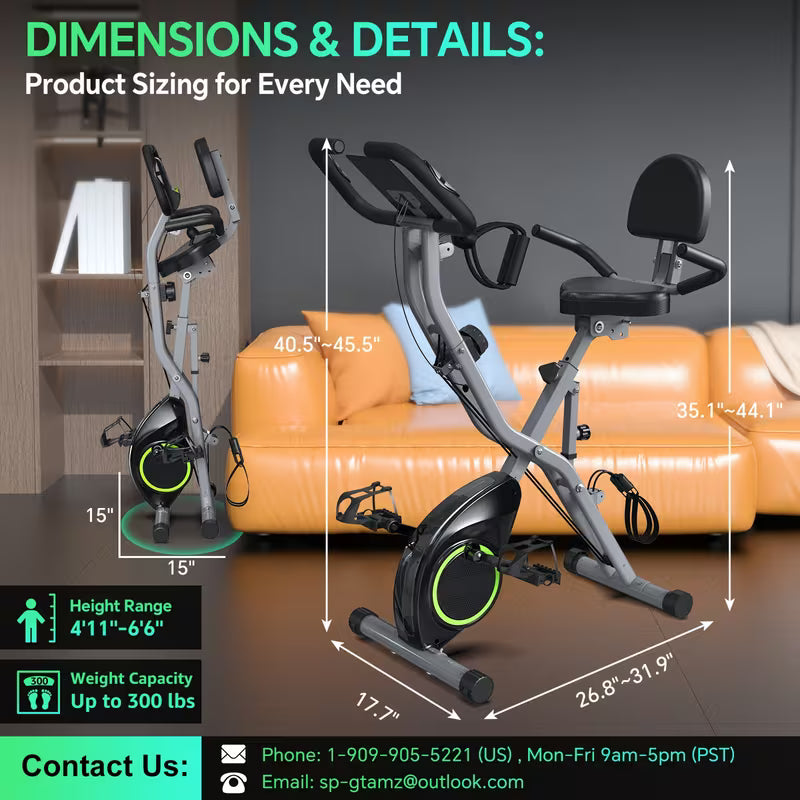 Indoor Exercise Bike For Seniors, 5 IN 1 Foldable Stationary Bike With 16-Level Magnetic Resistance And Tri-Position Ride, 300LBS Capacity, 5.5 LBS Flywheel, Designed For Home Workout