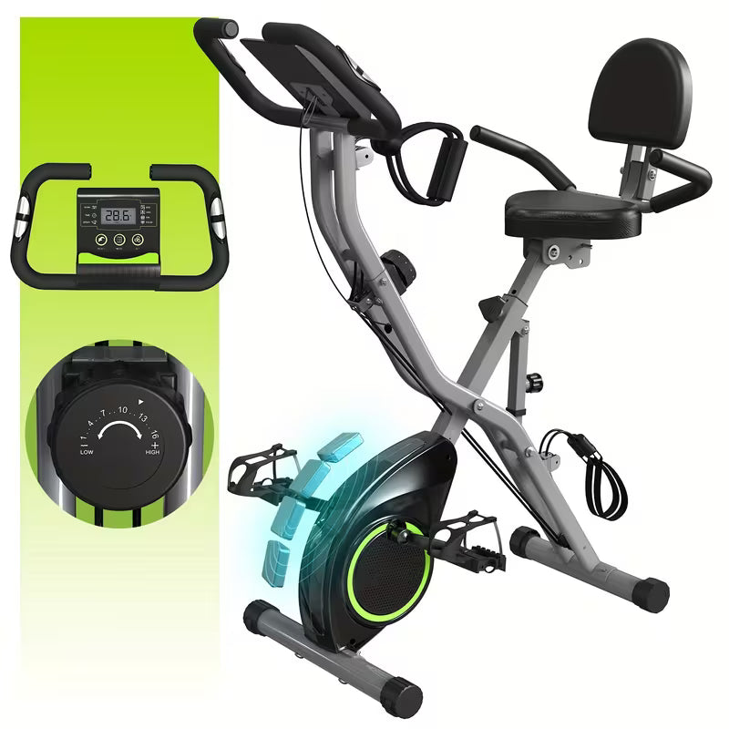 Indoor Exercise Bike For Seniors, 5 IN 1 Foldable Stationary Bike With 16-Level Magnetic Resistance And Tri-Position Ride, 300LBS Capacity, 5.5 LBS Flywheel, Designed For Home Workout
