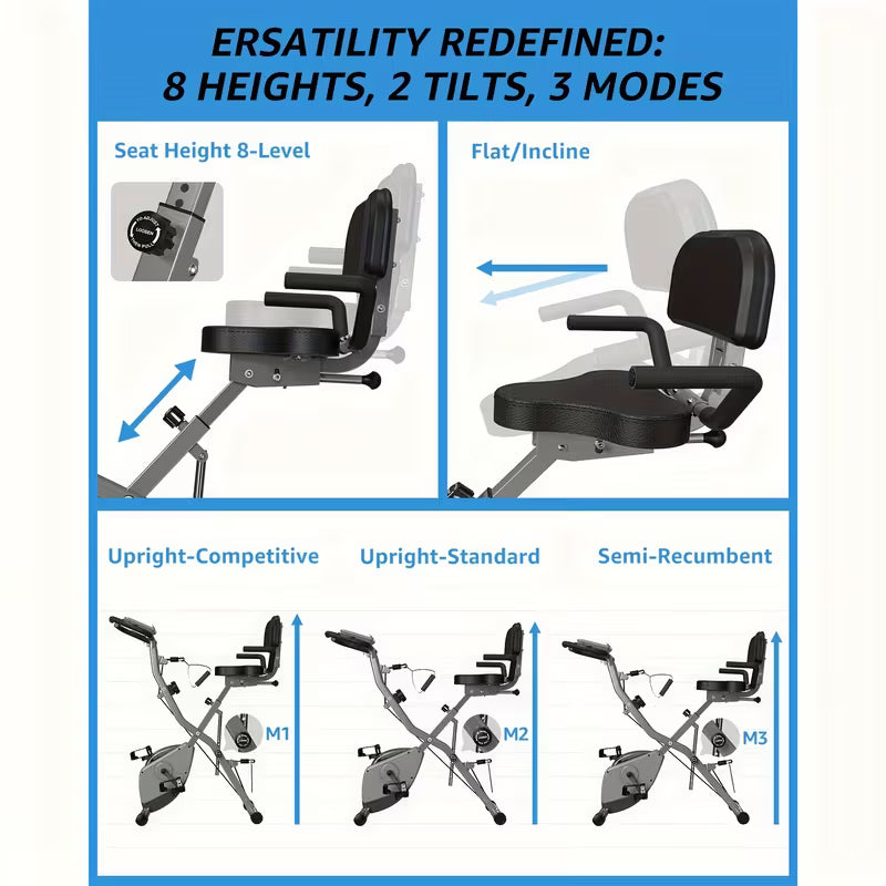 Indoor Exercise Bike For Seniors, 5 IN 1 Foldable Stationary Bike With 16-Level Magnetic Resistance And Tri-Position Ride, 330LBS Capacity, 6.6 LBS Flywheel