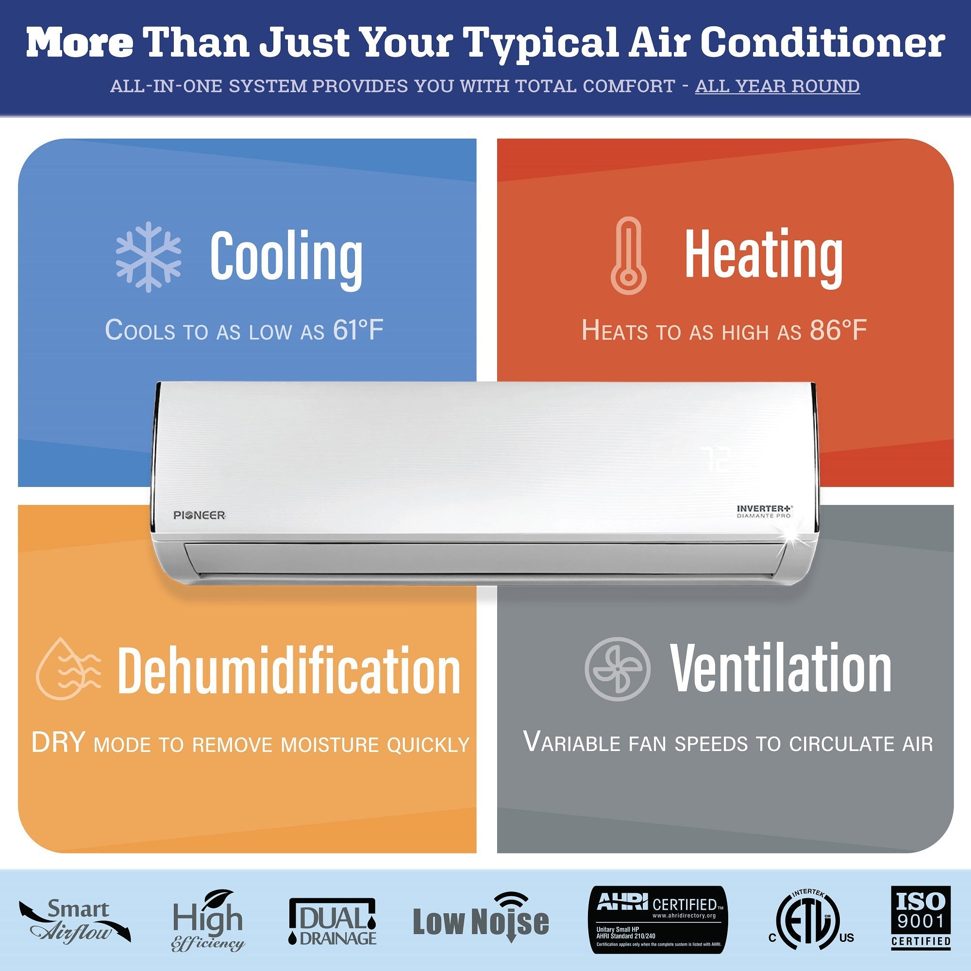 Pioneer® Diamante Pro™ 24,000 BTU 21 SEER2 230V High-Wall Ductless Mini-Split Air Conditioner Inverter Heat Pump with 16 Ft. Kit