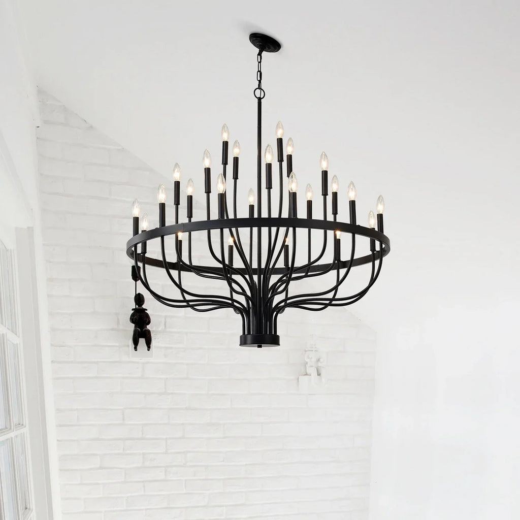 24-Light Industrial Candle Chandelier | Black Farmhouse Pendant Light Fixture for Dining Room, Living Room & Foyer — 39.4" Wide