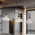 45" Industrial 3-Light Pendant Chandelier | Black Metal & Clear Glass Farmhouse Ceiling Light — Adjustable Height, E26 Compatible