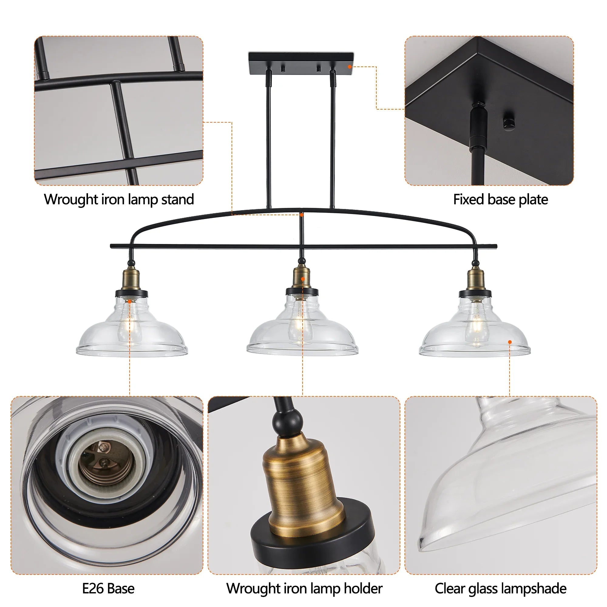 45" Industrial 3-Light Pendant Chandelier | Black Metal & Clear Glass Farmhouse Ceiling Light — Adjustable Height, E26 Compatible