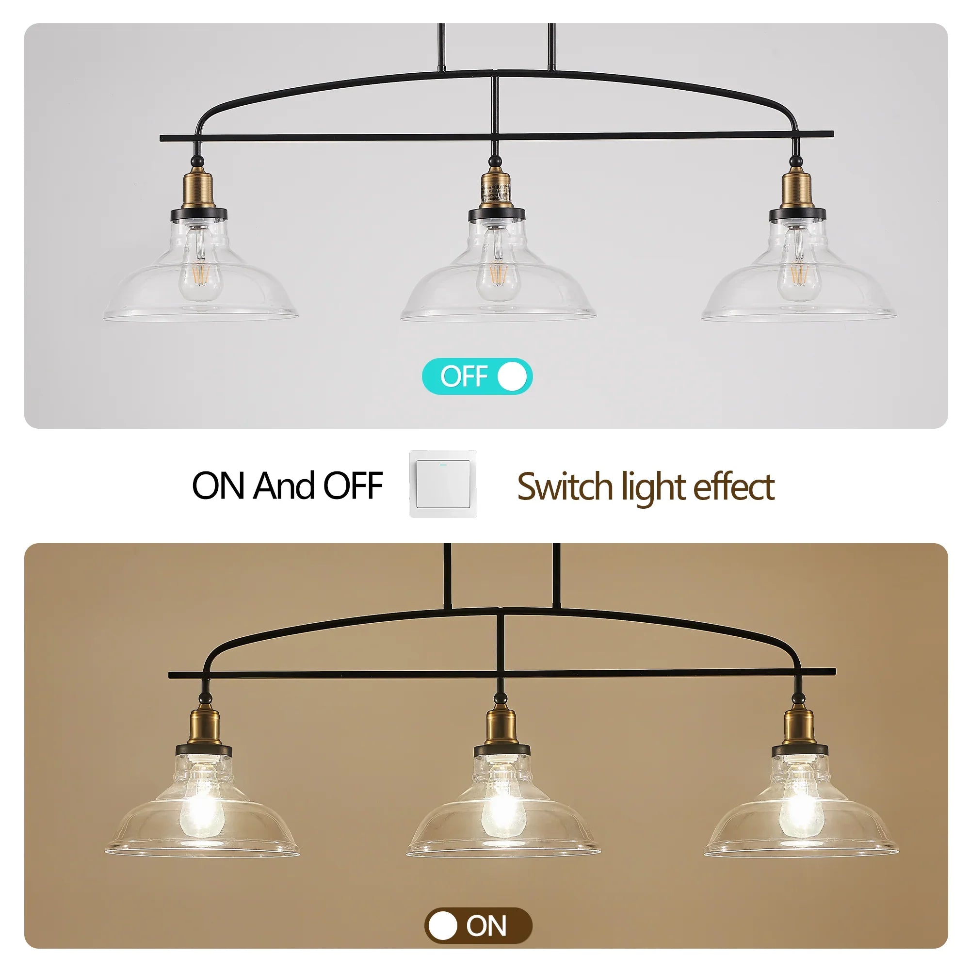 45" Industrial 3-Light Pendant Chandelier | Black Metal & Clear Glass Farmhouse Ceiling Light — Adjustable Height, E26 Compatible