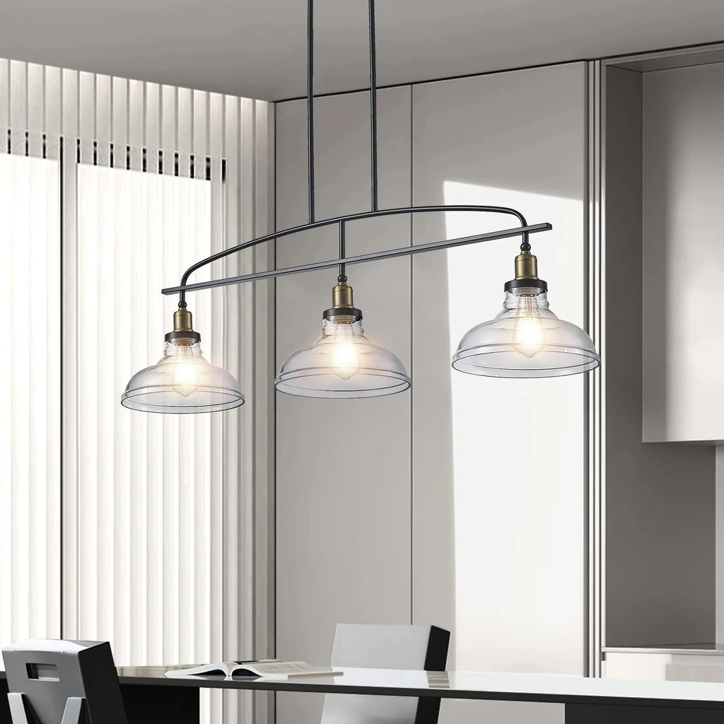 45" Industrial 3-Light Pendant Chandelier | Black Metal & Clear Glass Farmhouse Ceiling Light — Adjustable Height, E26 Compatible