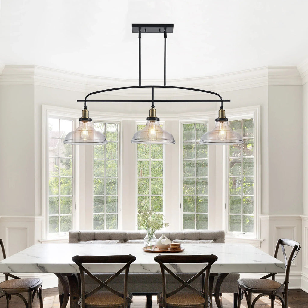 45" Industrial 3-Light Pendant Chandelier | Black Metal & Clear Glass Farmhouse Ceiling Light — Adjustable Height, E26 Compatible