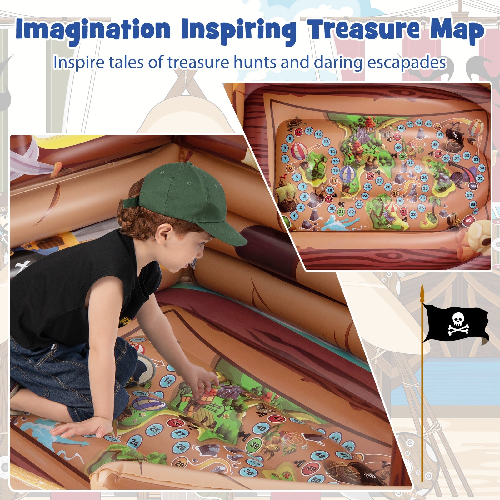 Inflatable Pirate Ship Playhouse with Built-in Motor and Inflatable Toy Sword-Brown