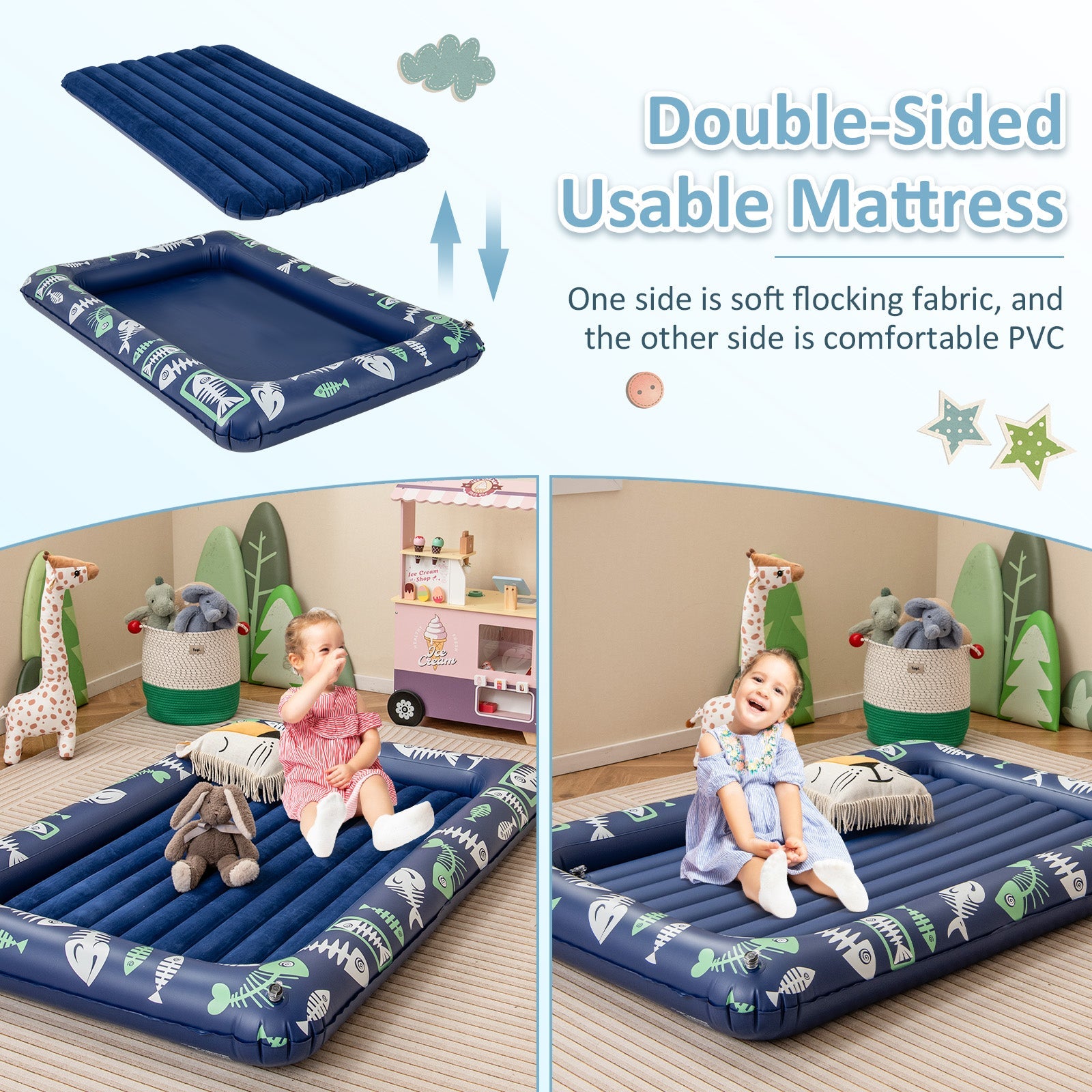 Inflatable Toddler Travel Bed with Electric Pump and Raised Bed Rails-Blue