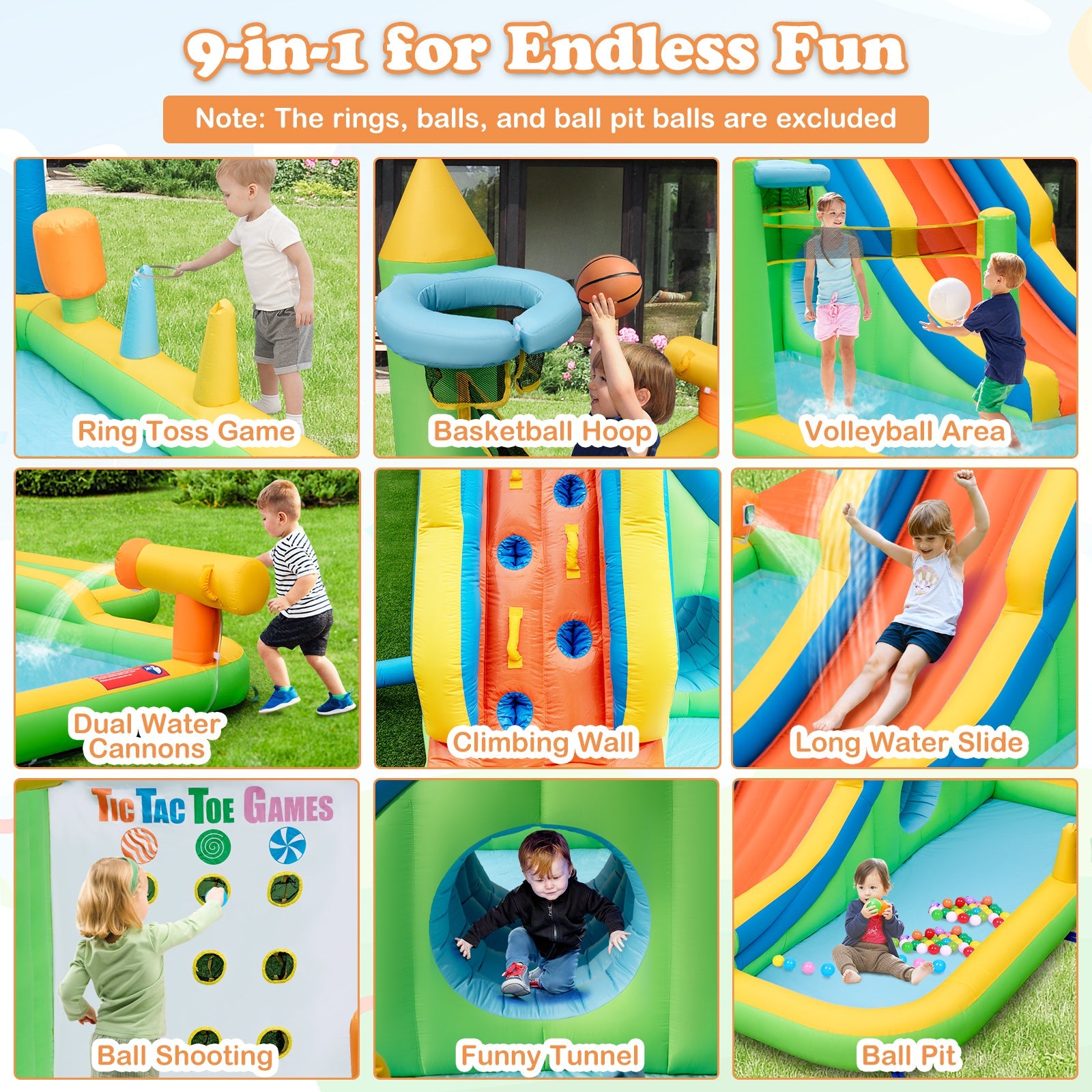 Inflatable Water Slide Giant Water Park 9-In-1 for Kids Backyard Fun with 735W Blower