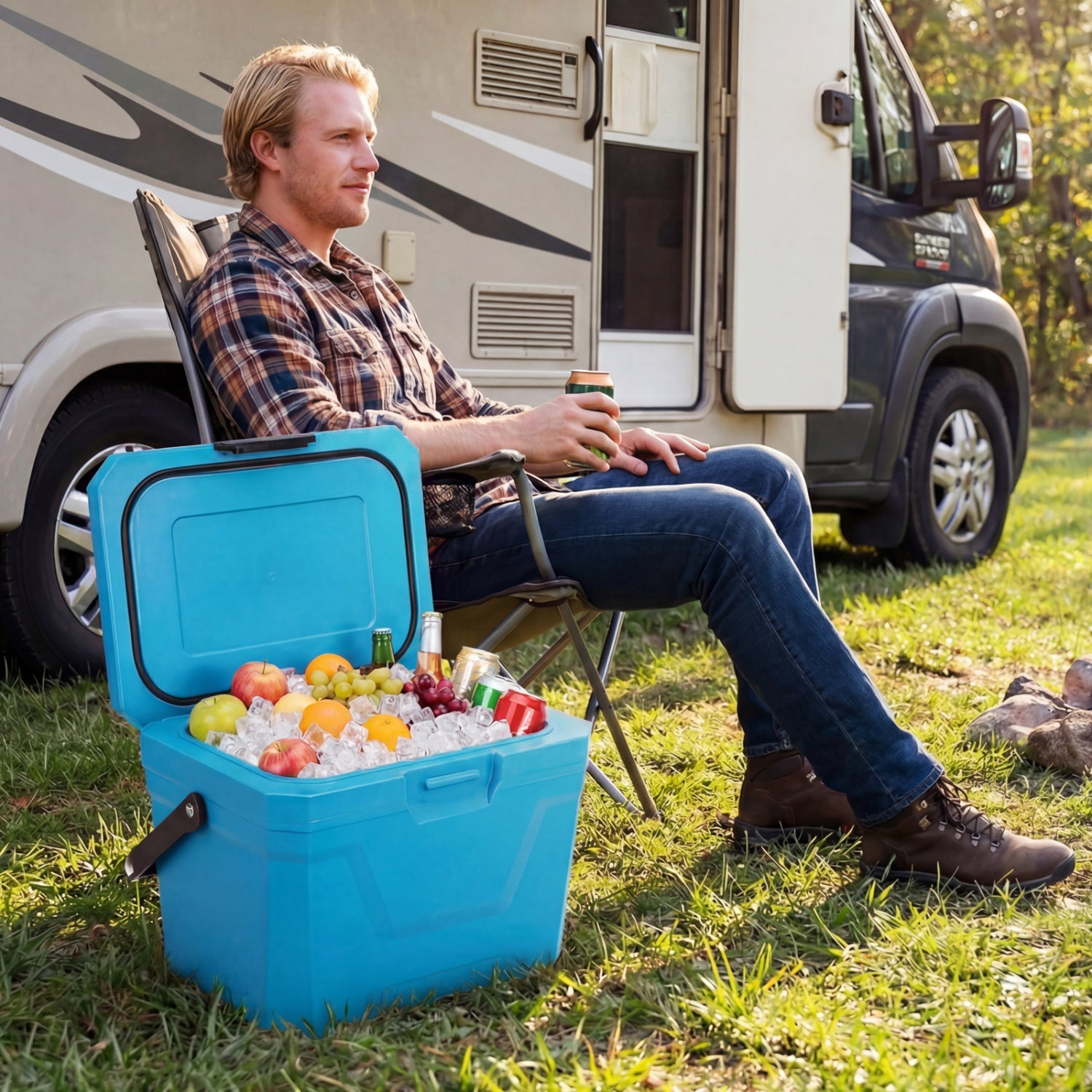 Insulated Portable Cooler Hard Shell Ice Chest with 2 Cup Holders