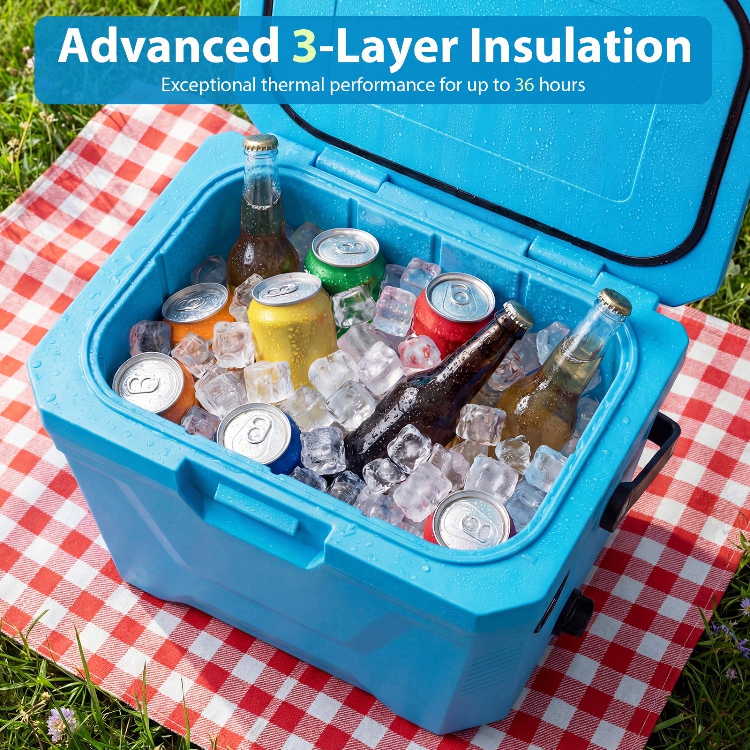 Insulated Portable Cooler Hard Shell Ice Chest with 2 Cup Holders