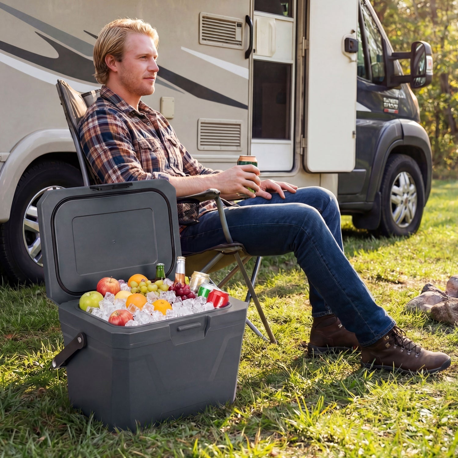 Insulated Portable Cooler Hard Shell Ice Chest with 2 Cup Holders