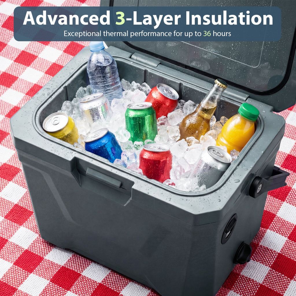 Insulated Portable Cooler Hard Shell Ice Chest with 2 Cup Holders