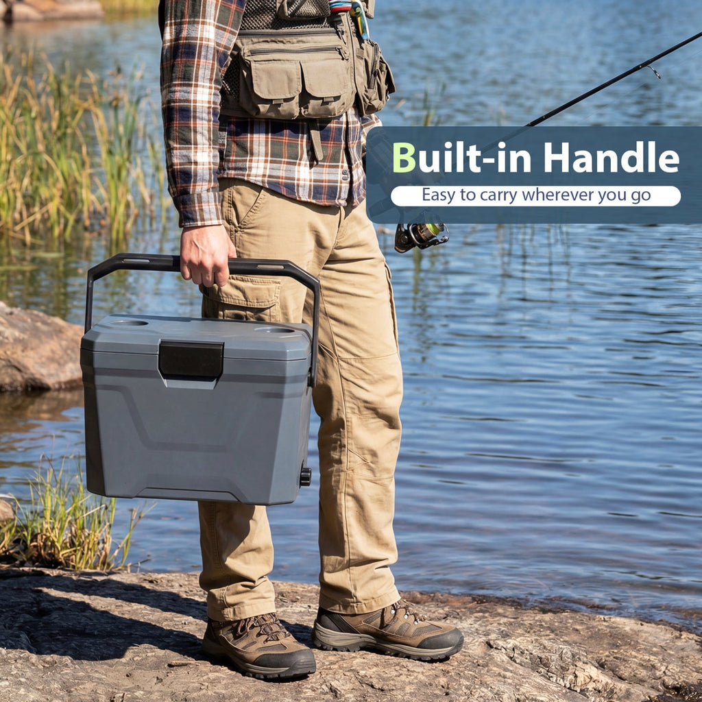 Insulated Portable Cooler Hard Shell Ice Chest with 2 Cup Holders