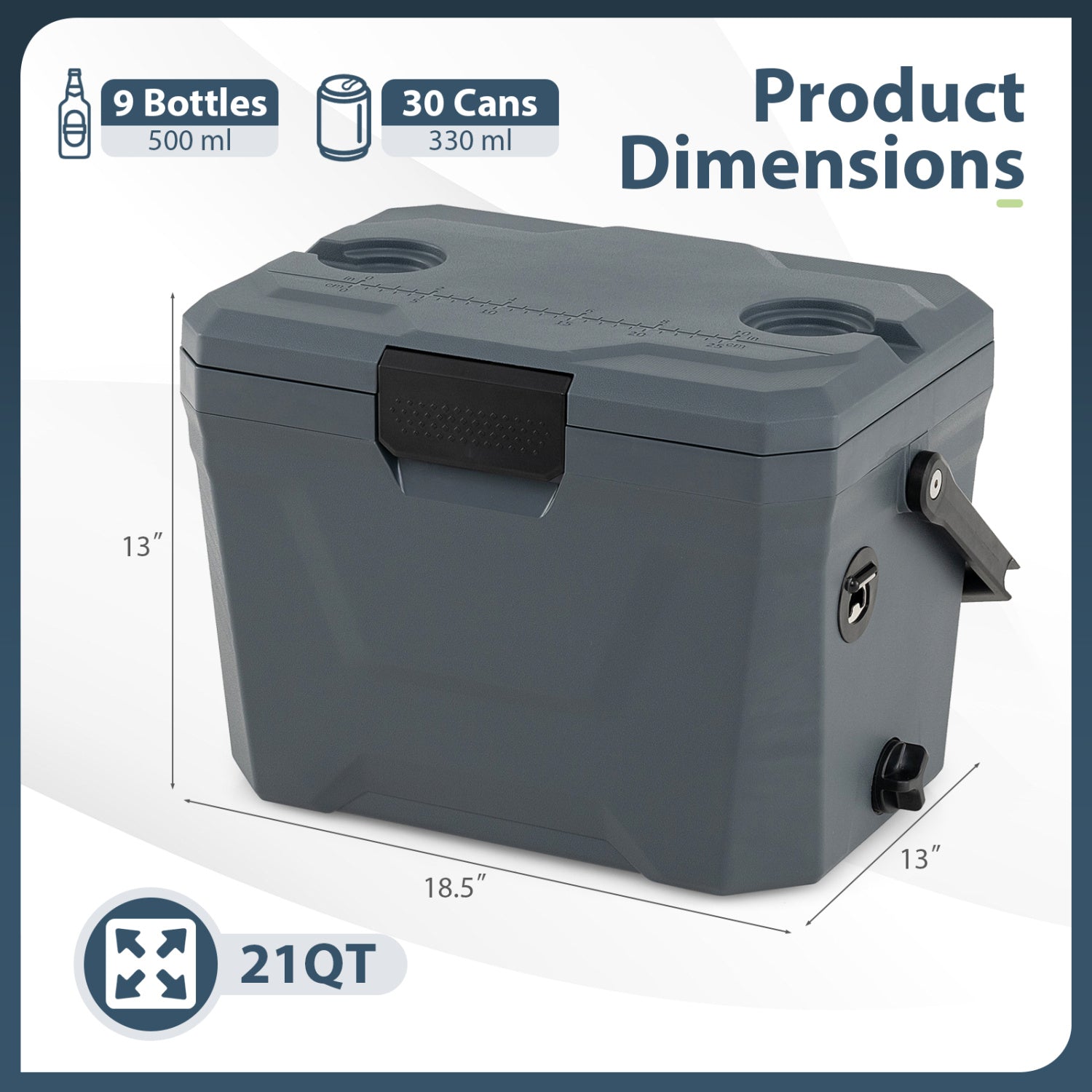 Insulated Portable Cooler Hard Shell Ice Chest with 2 Cup Holders