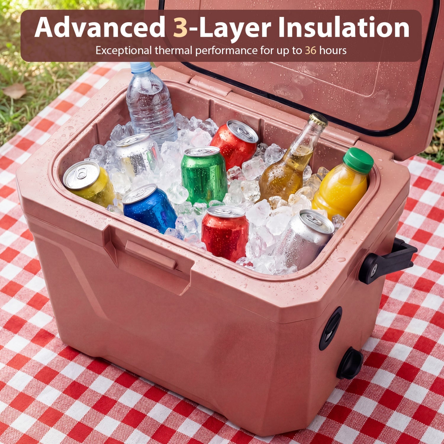 Insulated Portable Cooler Hard Shell Ice Chest with 2 Cup Holders