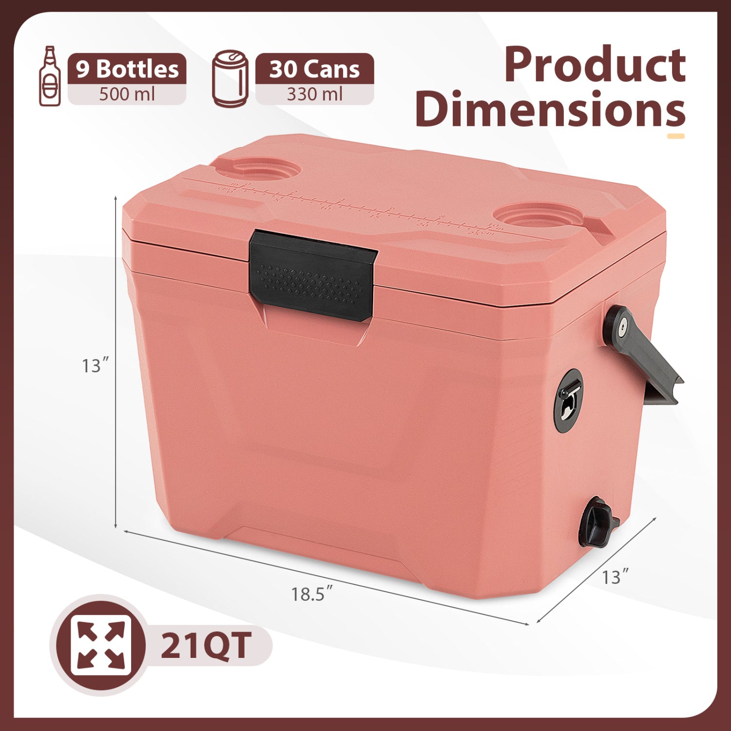 Insulated Portable Cooler Hard Shell Ice Chest with 2 Cup Holders