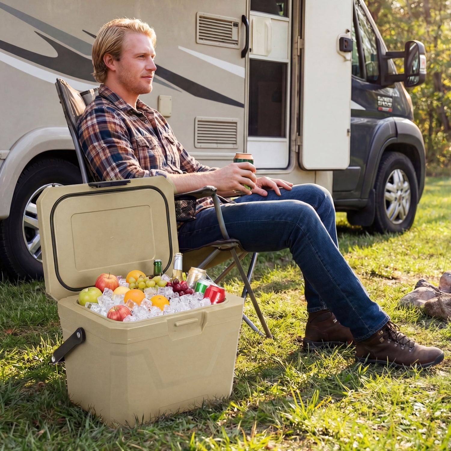 Insulated Portable Cooler Hard Shell Ice Chest with 2 Cup Holders
