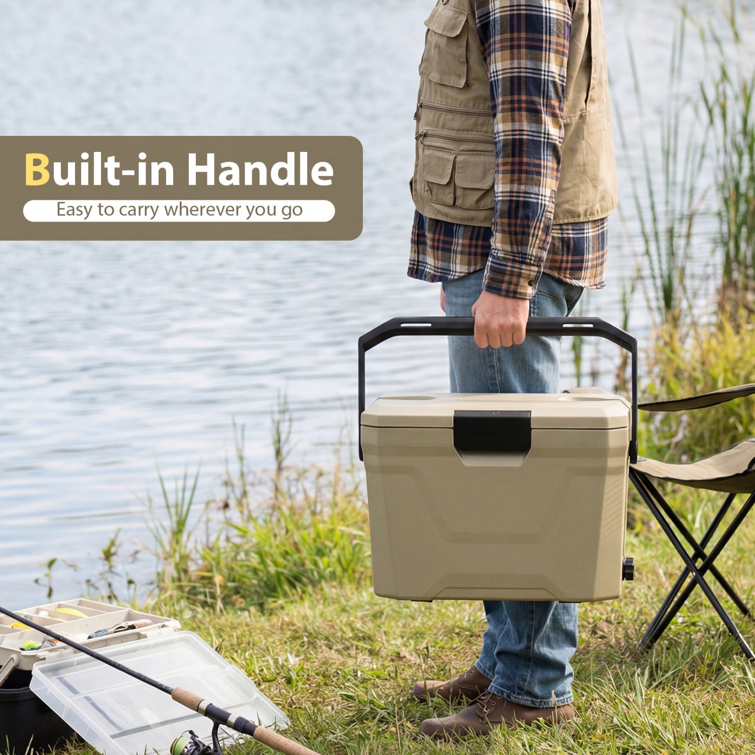 Insulated Portable Cooler Hard Shell Ice Chest with 2 Cup Holders