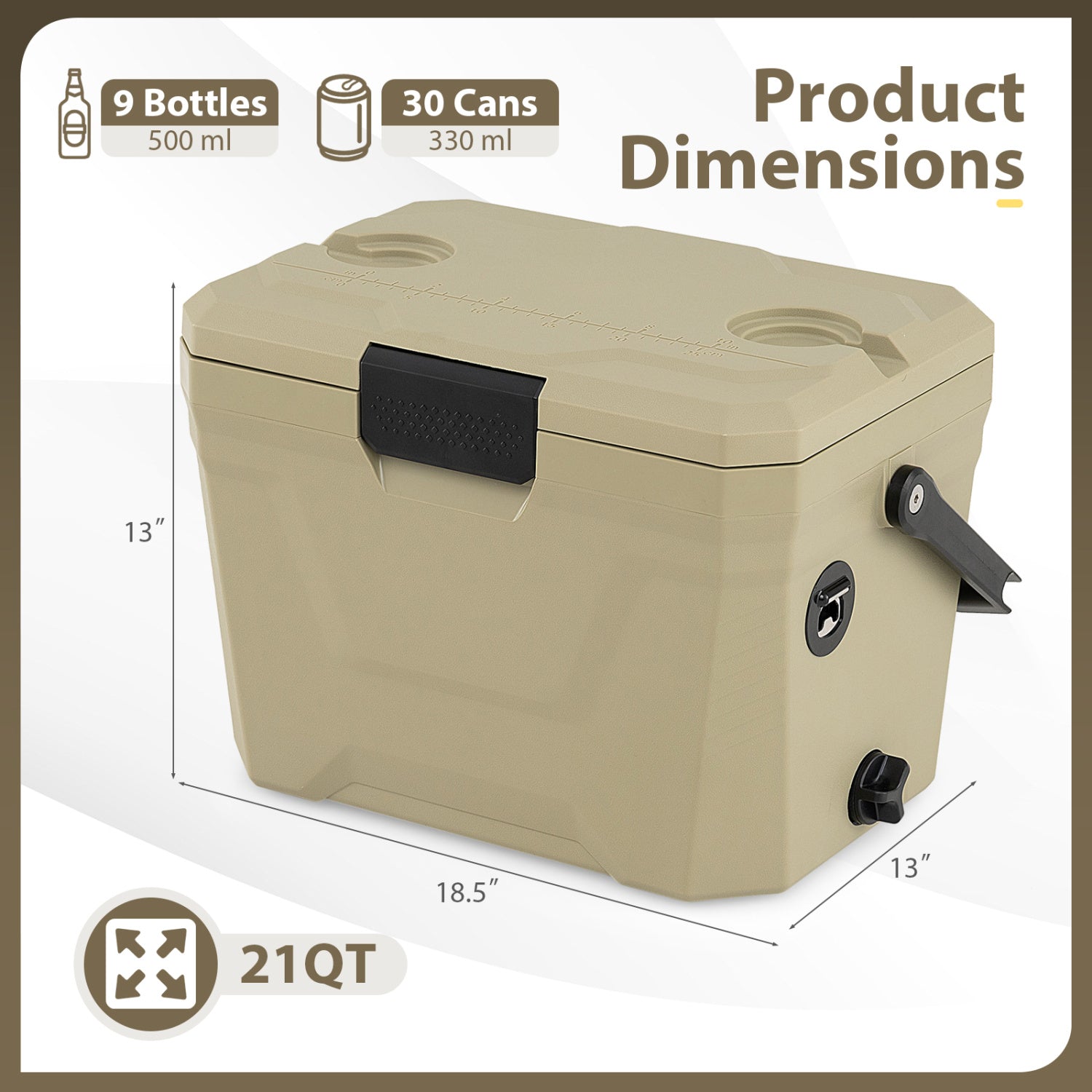 Insulated Portable Cooler Hard Shell Ice Chest with 2 Cup Holders