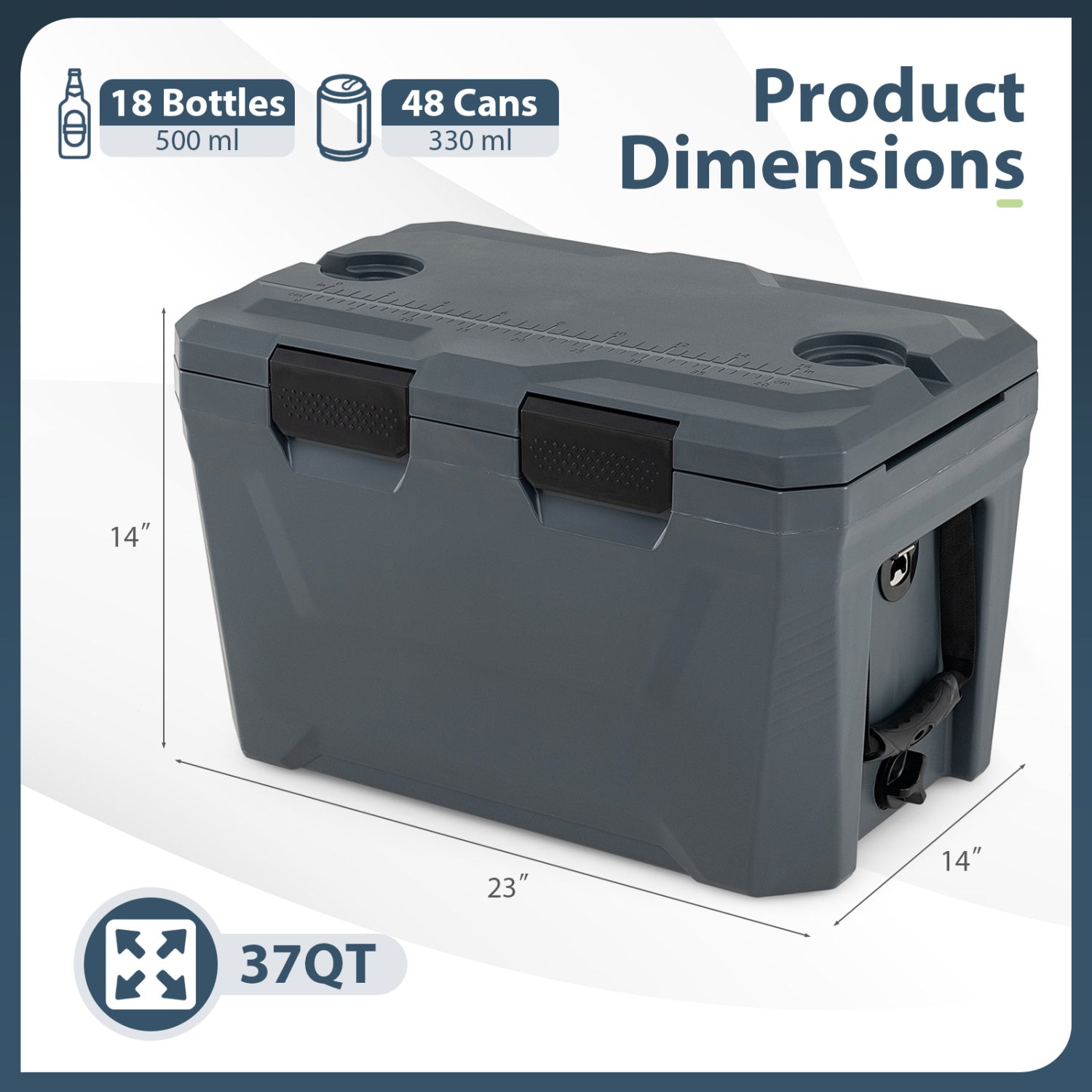 Insulated Portable Cooler Hard Shell Ice Chest with 2 Cup Holders Bottle Opener and Drain Plug