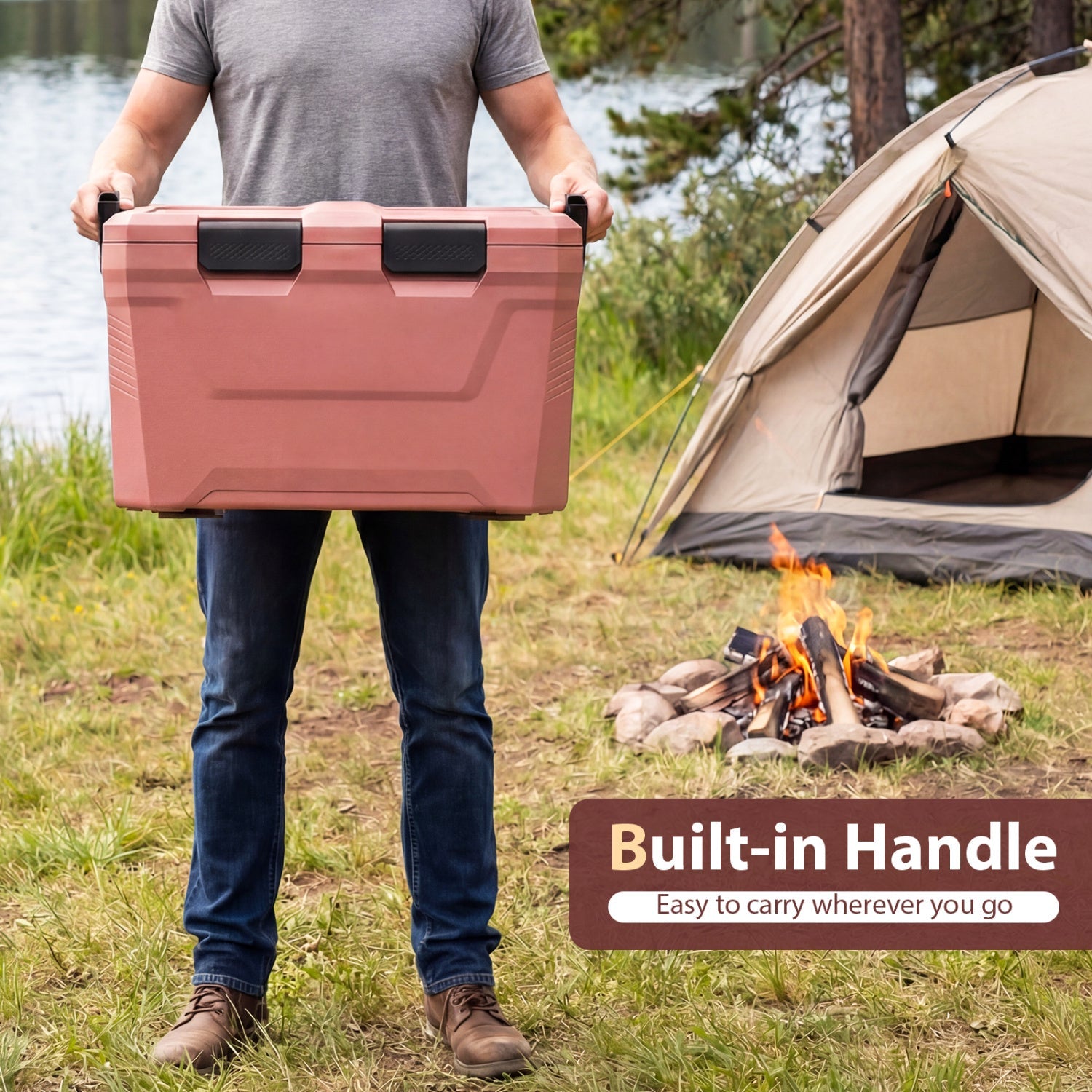 Insulated Portable Cooler Hard Shell Ice Chest with 2 Cup Holders Bottle Opener and Drain Plug