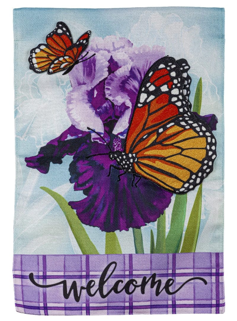 Iris Butterflies Garden Flag 2 Sided Burlap