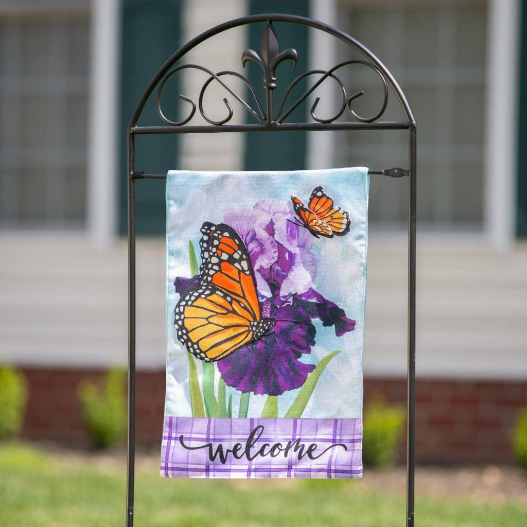 Iris Butterflies Garden Flag 2 Sided Burlap