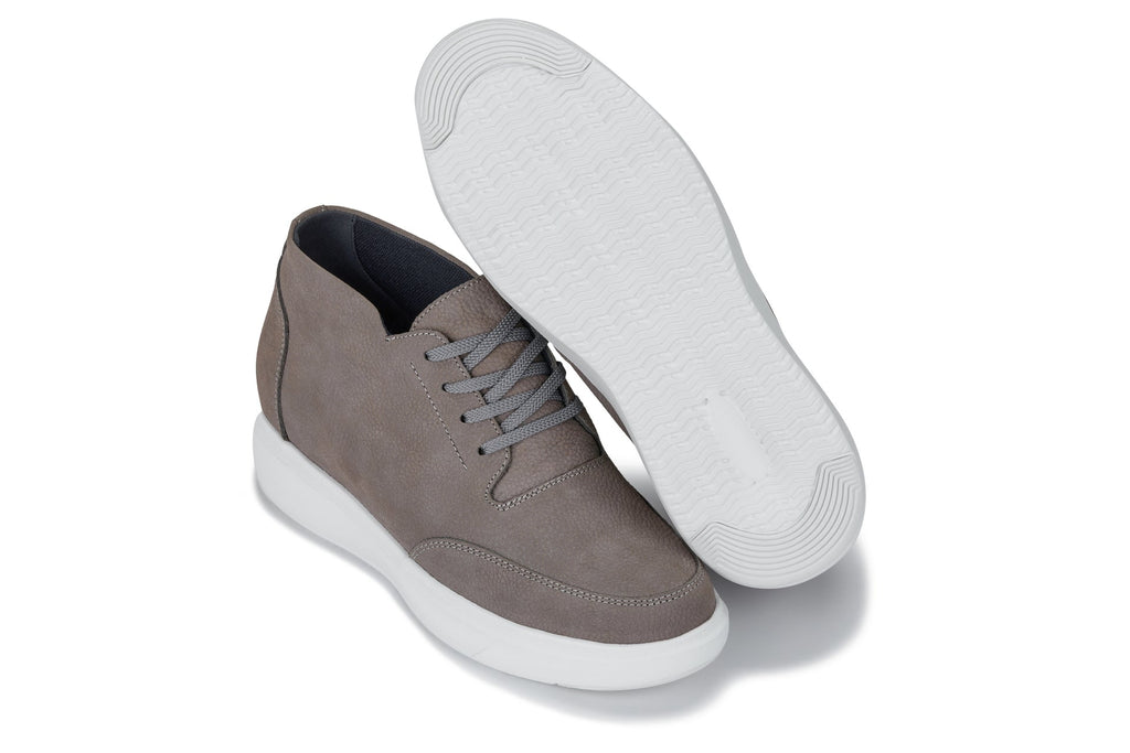CALTO - J1771 - 3.2 Inches Taller (Grey) - Casual Chunky Sole Boots – Soft Pebble Grain Nubuck Leather