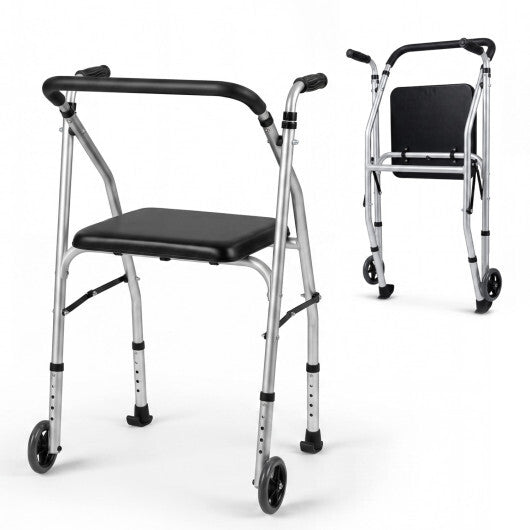 Lightweight Aluminum Mobility Walker for Seniors with 2 Wheels 5-Level Adjustable Height and Padded Seat-Black