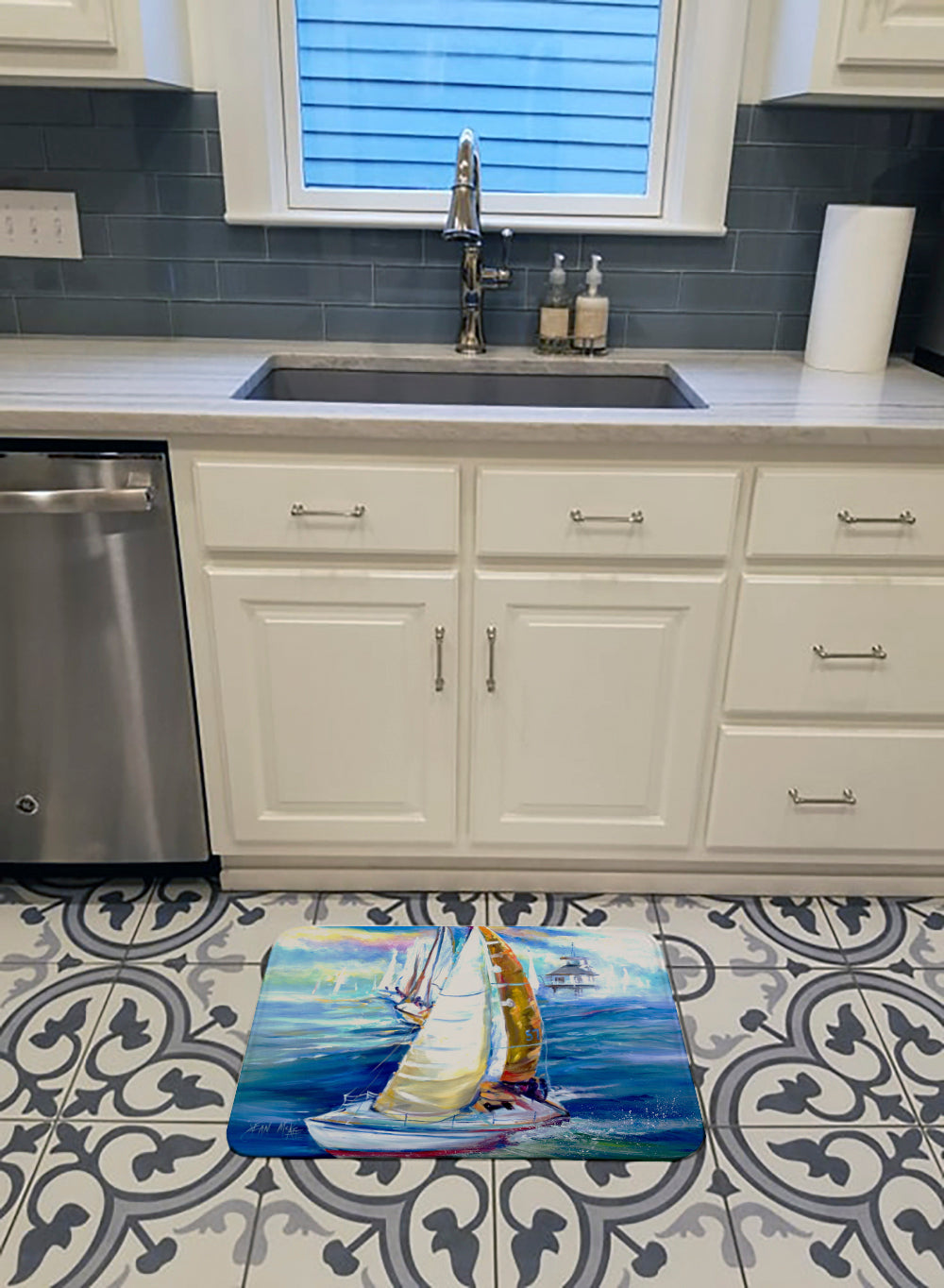 Rock my Boat Sailboats Memory Foam Kitchen Mat Machine Washable Anti-Fatigue Cushion Comfort Bath or Kitchen Rug