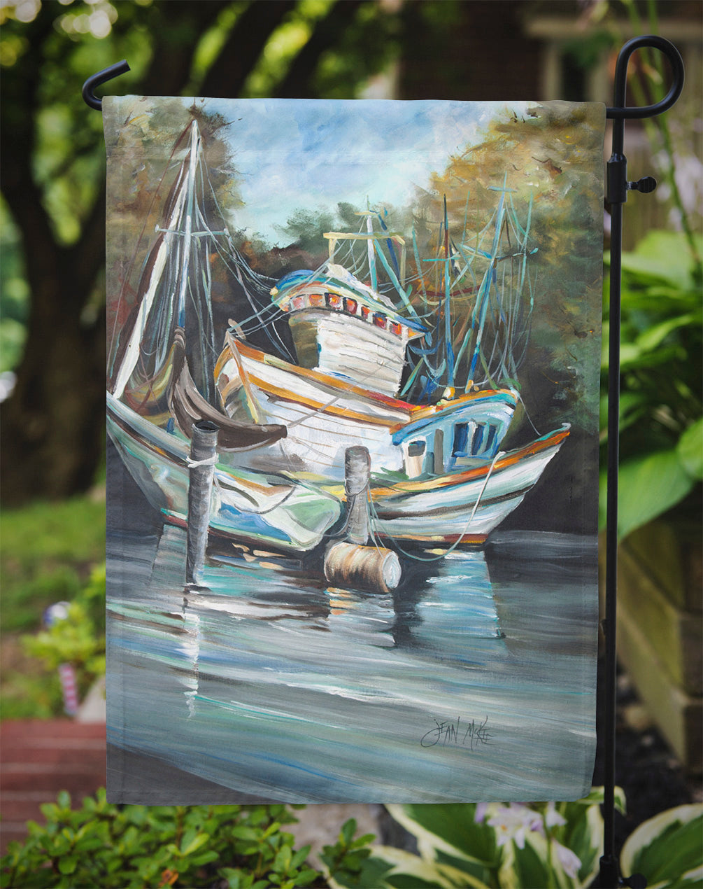 Shrimpers Cove and Shrimp Boats Garden Flag Mailbox Decorative Yard Banner Outside Patio Artwork for Flower Beds, Garden Size, Multicolor