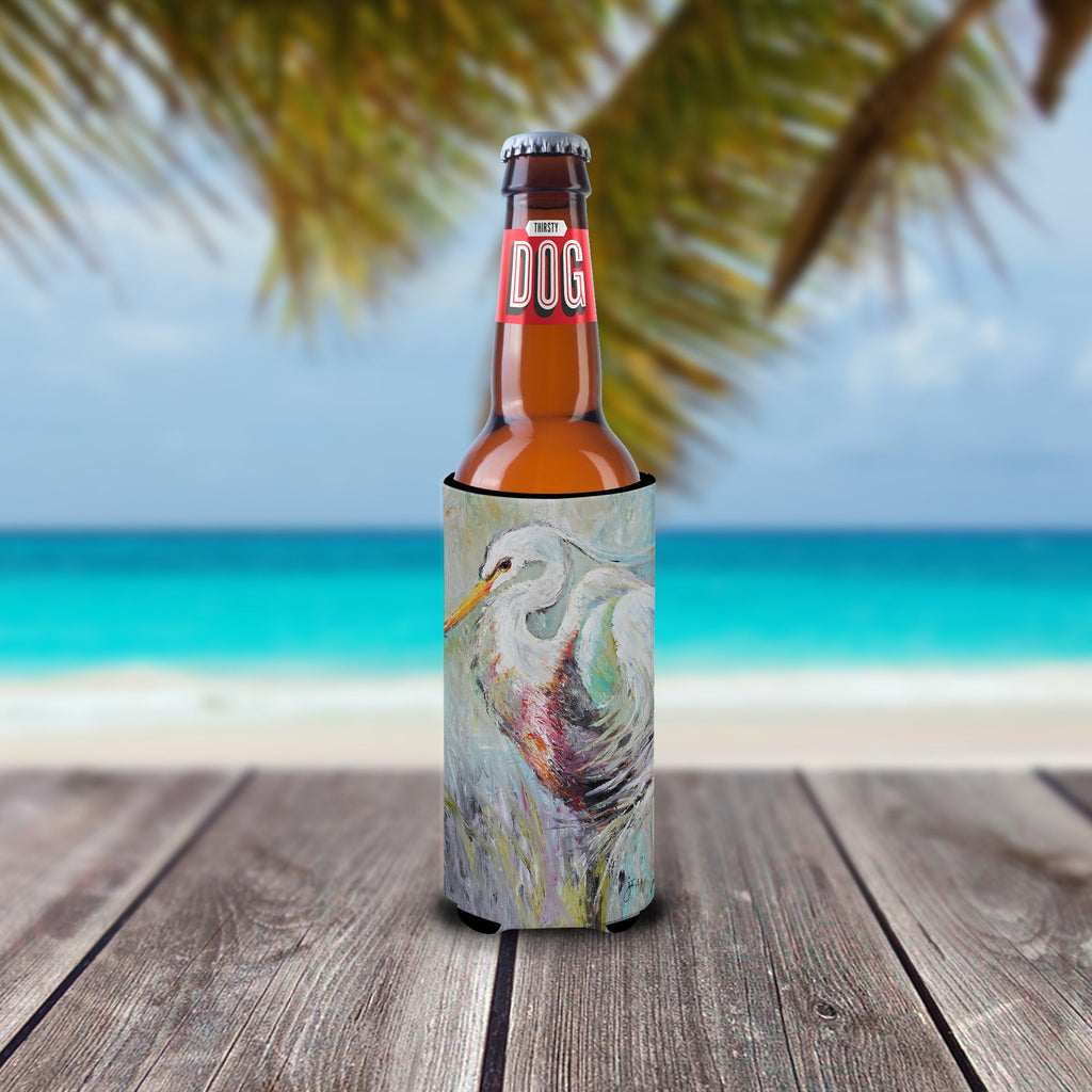 White Egret Slim Can Hugger , Insulated Foam Hugger for 12 oz Slim Cans, Beer Bottles & Water Bottles, Printed in USA