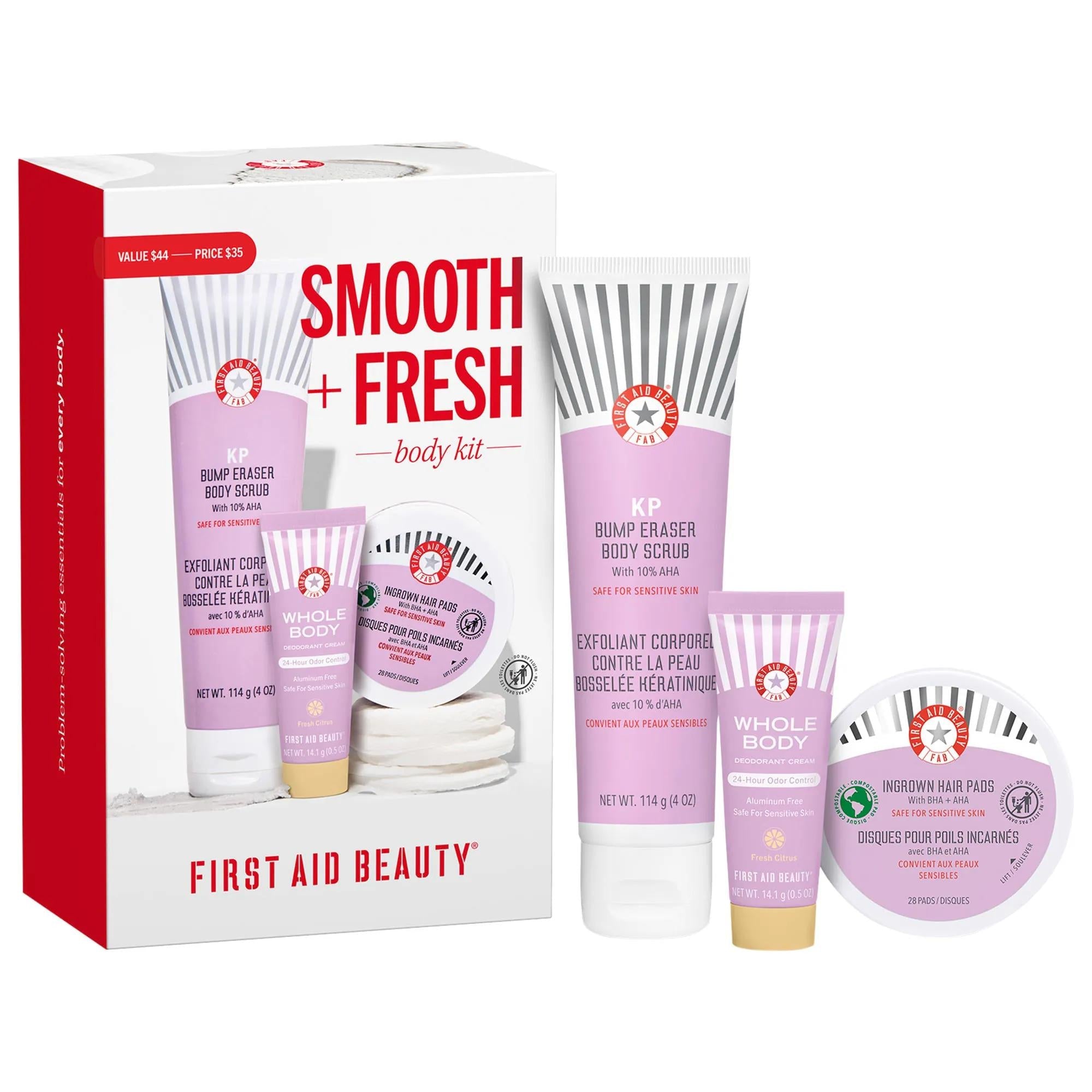 Skin Smooth + Fresh: Body Skincare Set for Bumps, Ingrown Hairs & Odor Control - AHA Scrub, Deodorant Cream & Ingrown Hair Pads