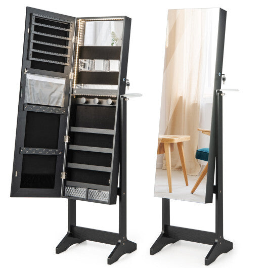 Freestanding Jewelry Cabinet with Full Length HD Mirror-White
