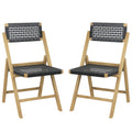 Set of 2 Folding Chairs Indonesia Teak Wood Dining Chairs with Woven Rope Seat and Back