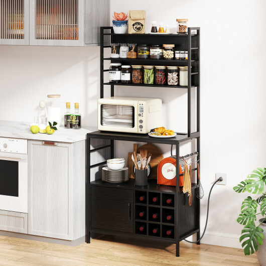 Coffee Bar Cabinet with S-Shaped Hooks and Wine Bottle Holders-Rustic Brown