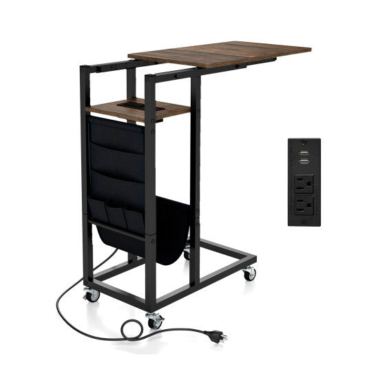 C-shaped End Table with Charging Station and Retractable Tabletop-Coffee