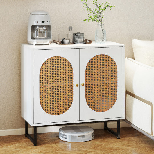 Buffet Cabinet Rattan Storage Cabinet with 2 Doors and Adjustable Shelf-Natural