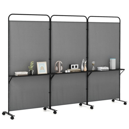 3-Panel Folding Room Divider with 3 Metal Shelves and Lockable Wheels-Black