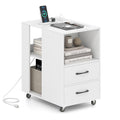 End Table with Built-in Charging Station Sofa Side Bedside Table on Wheels-White