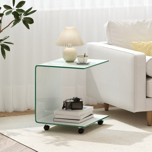 C-Shaped End Table Modern Tempered Glass Side Table with Shelf-White